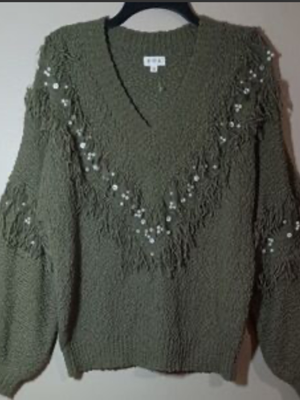 POL small Olive Green V-Neck Fringe Sweater with Bead and rhinestone Accent